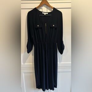 Emma & Michele Navy Blue Drawstring V neck Gold 3/4 Sleeves Dress Sz Medium